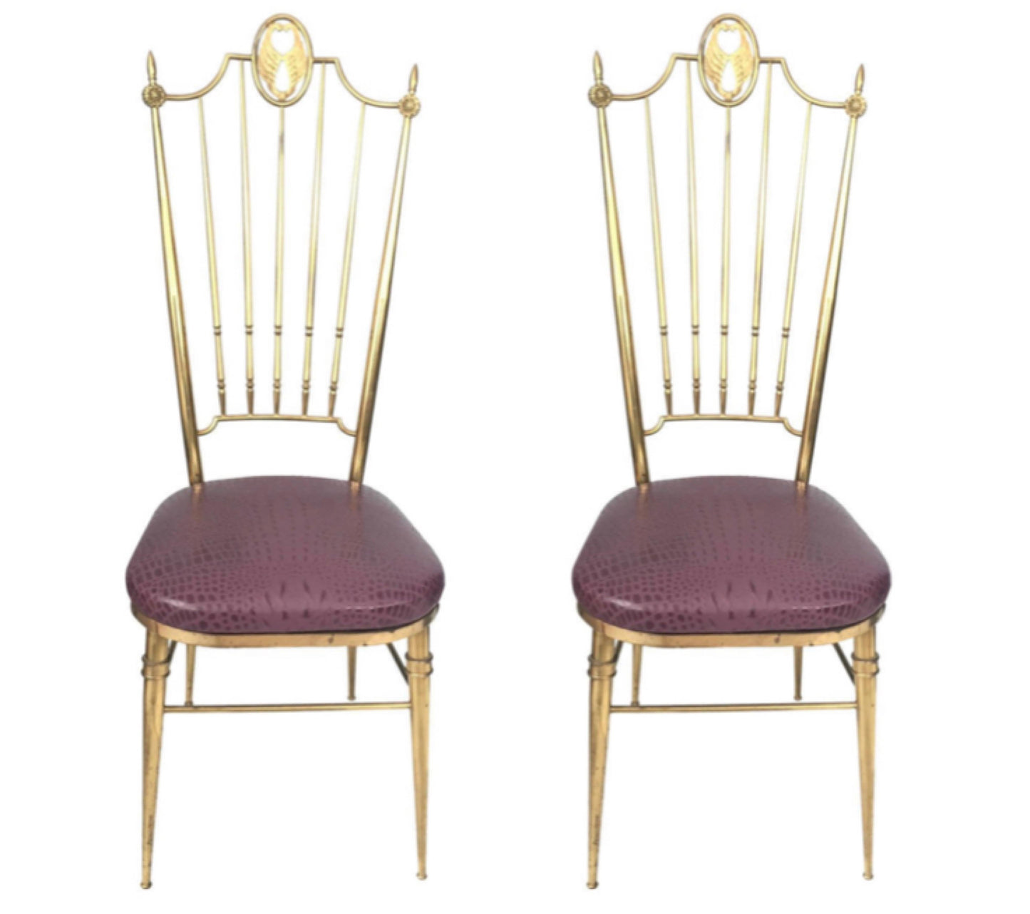 Pair of Italian Brass Chiavari Side Chairs with Aubergine Crocodile Leather