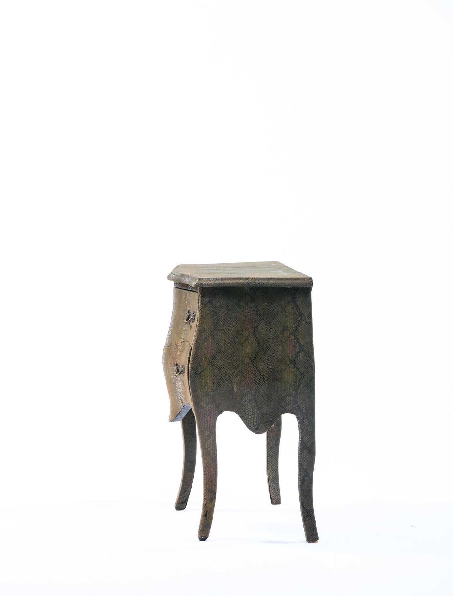 Louis XV Style Bombé Commode Wrapped in Olive Green Faux Snakeskin