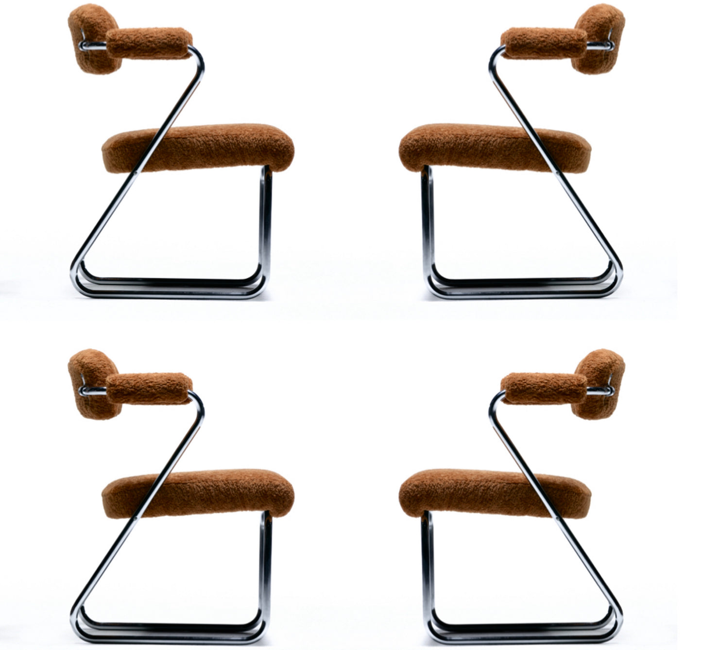 Gilbert Rohde Set of 4 Chrome Art Deco Dining Chairs in Soft New Chestnut Fabric