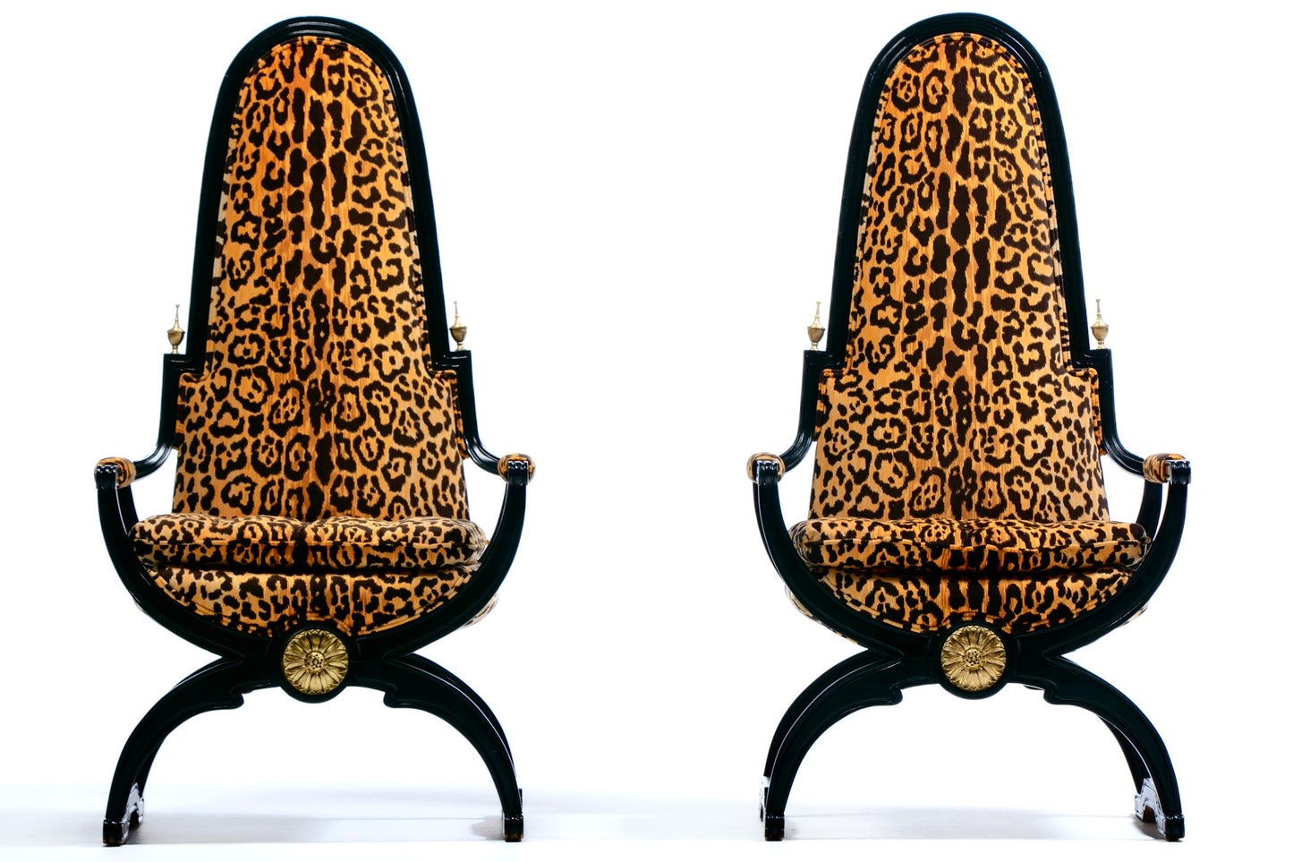 Hollywood Regency Tall Back Throne Chairs in Leopard Velvet & Ebony Gilt Frames