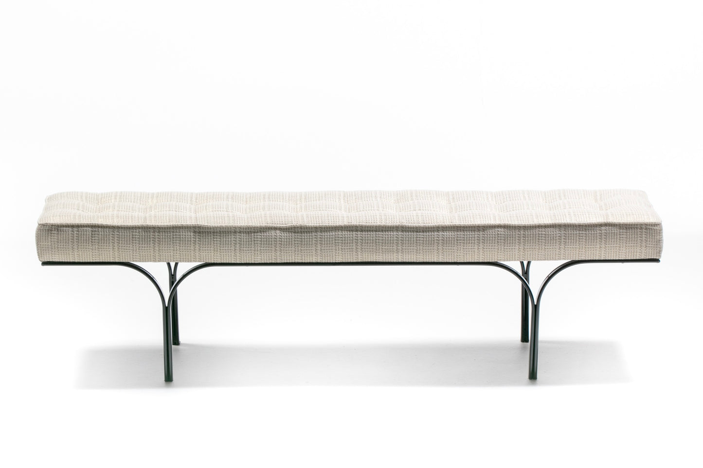 Mid Century Black Enameled Metal Bench with Tufted Gold & Ivory Upholstery