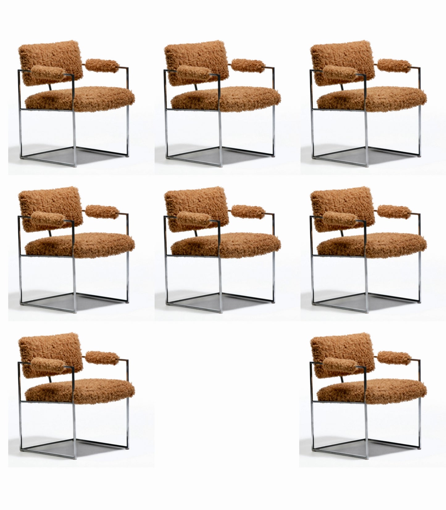 Milo Baughman 1970s Set of 8 Chrome Dining Arm Chairs in New Camel Teddy Fabric