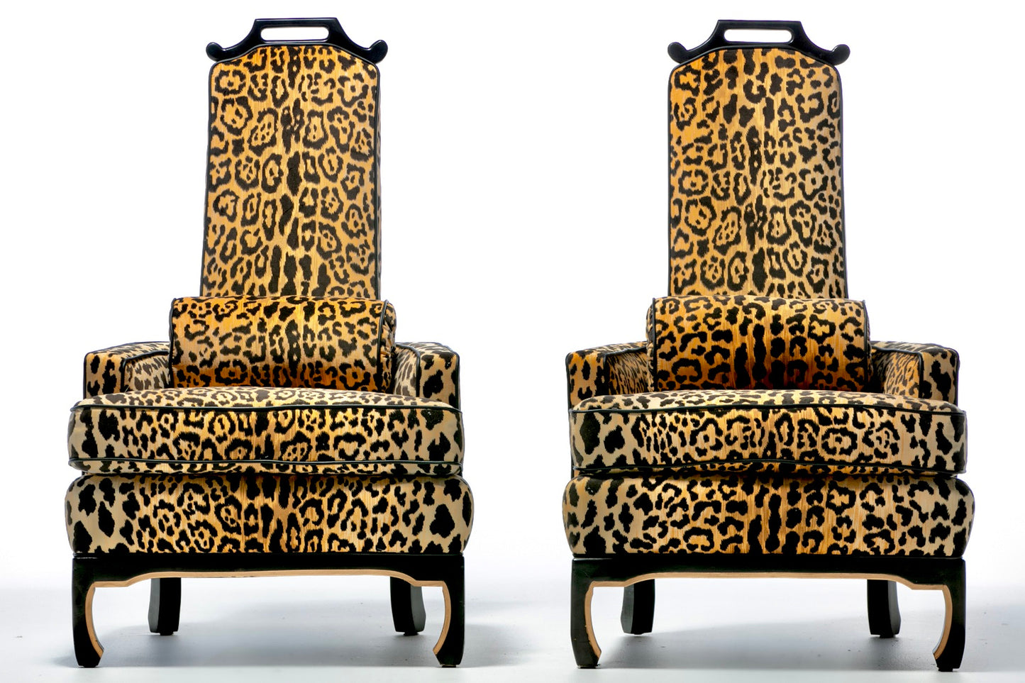 Pair of 1960s Hollywood Regency Chairs in Leopard Velvet & Black Leather Piping