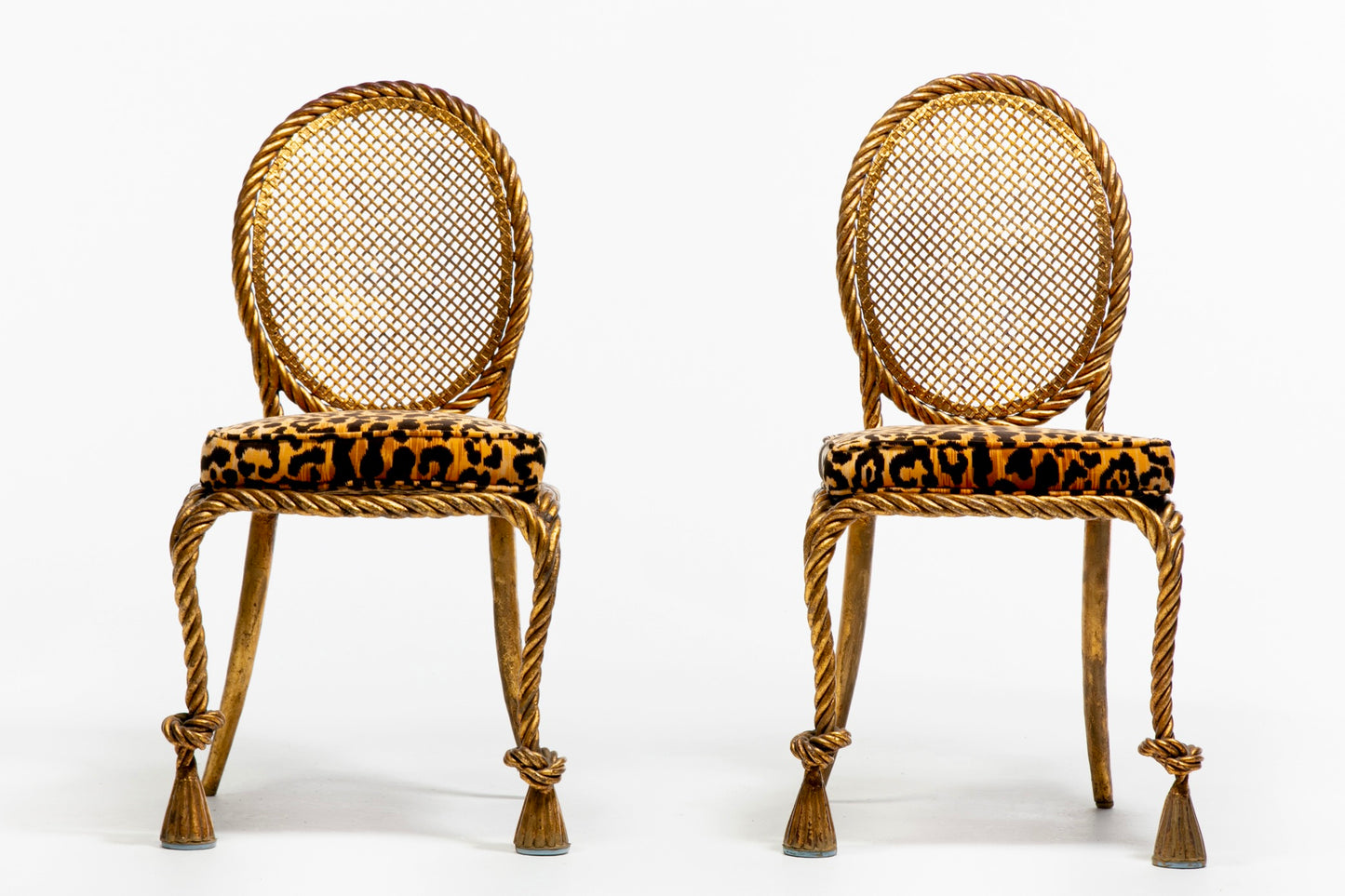 Pair of Early 1940s Italian Gilt Rope and Tassel Iron Side Chairs by Niccolini