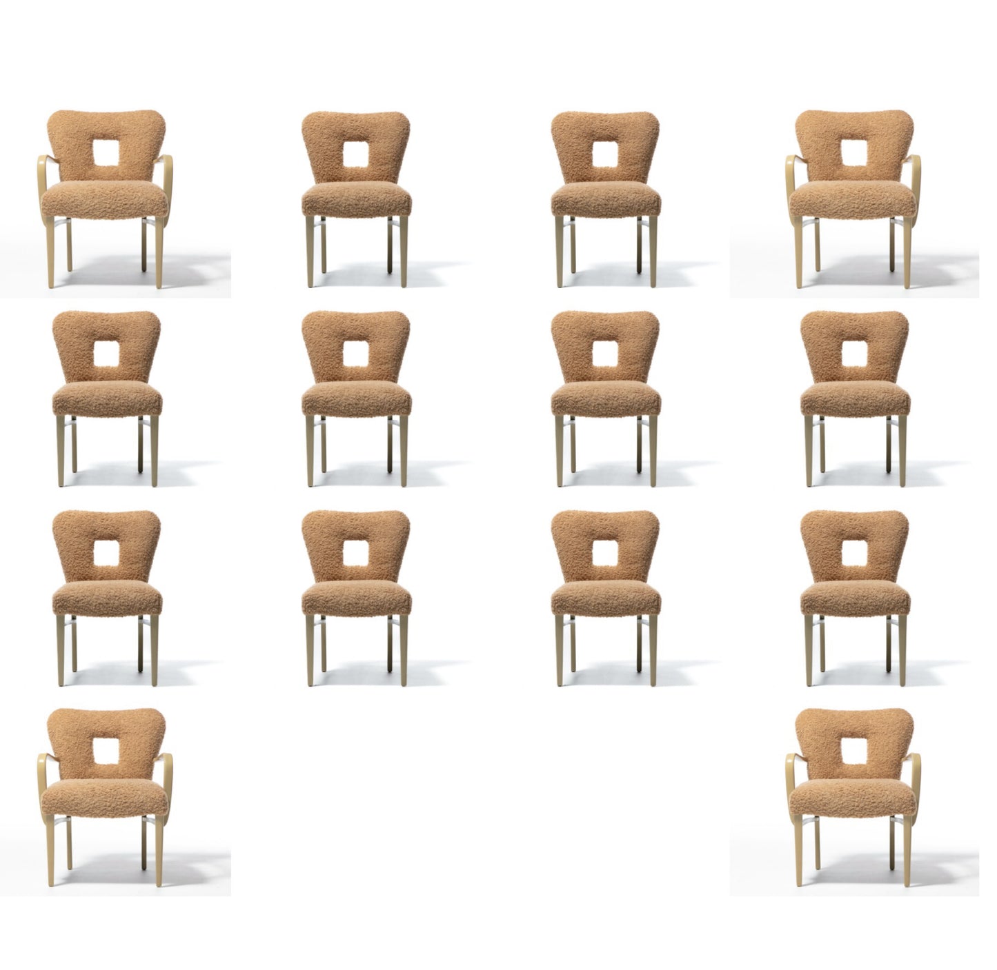 Paul Frankl Set of 14 Dining Chairs in Bleached Mahogany & Latte Bouclé c. 1950