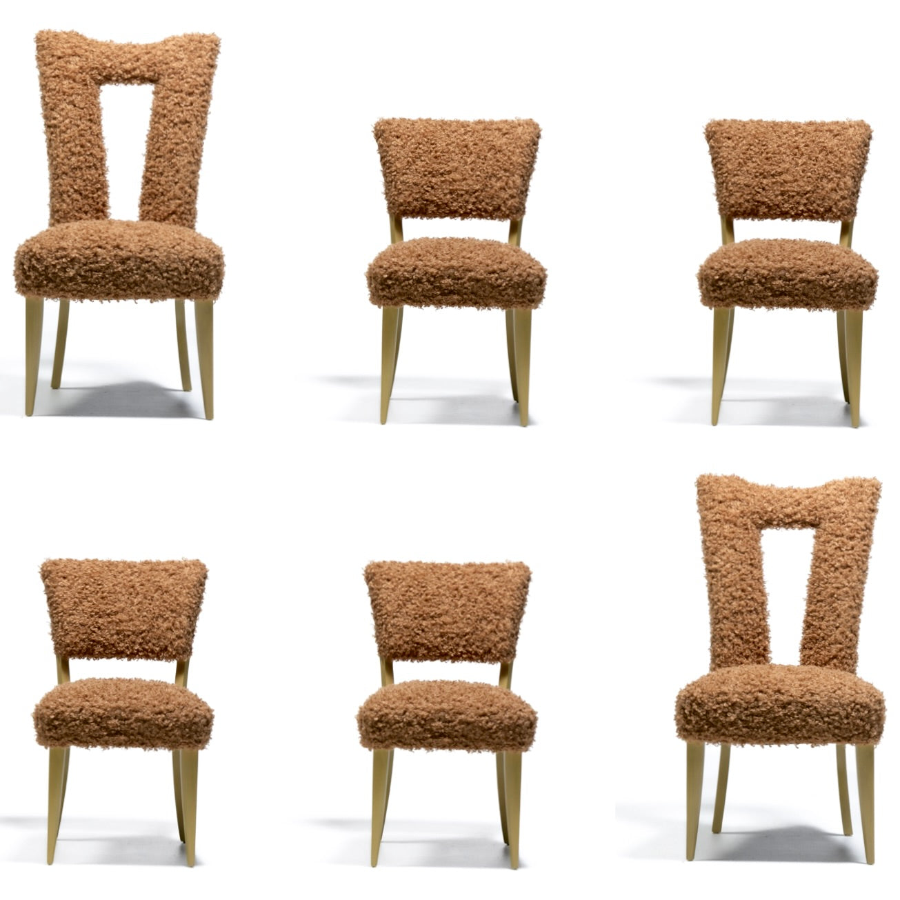 Paul Laszlo Set of 6 Bleached Wood Dining Chairs in Camel Teddy Bear Upholstery