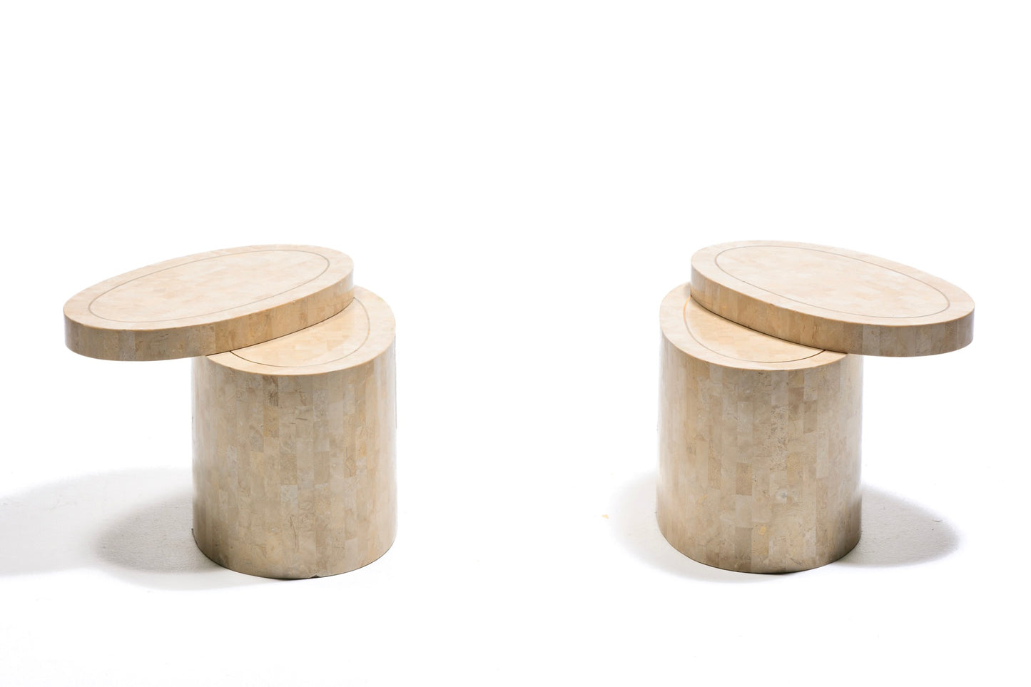 Rotating Top Maitland Smith Tessellated Travertine Side Tables with Brass Inlay