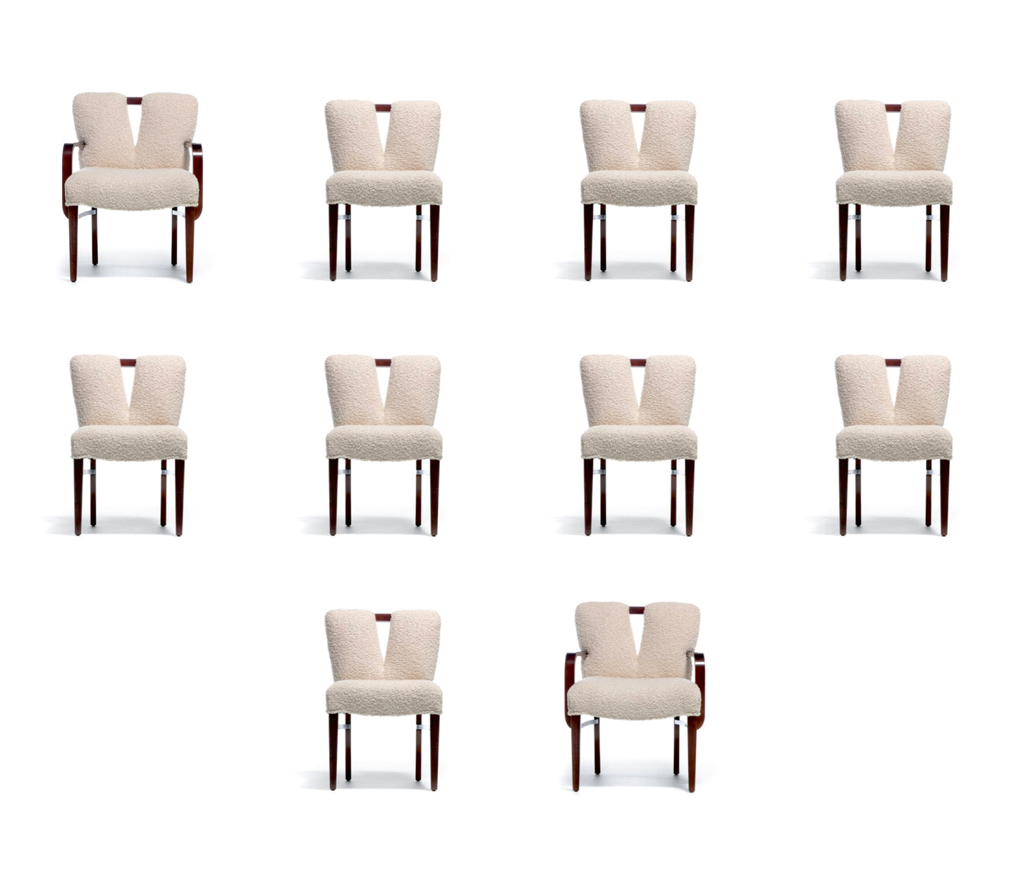 Set of 10 Paul Frankl Corset Back Dining Chairs in Ivory White Bouclé, c. 1950s
