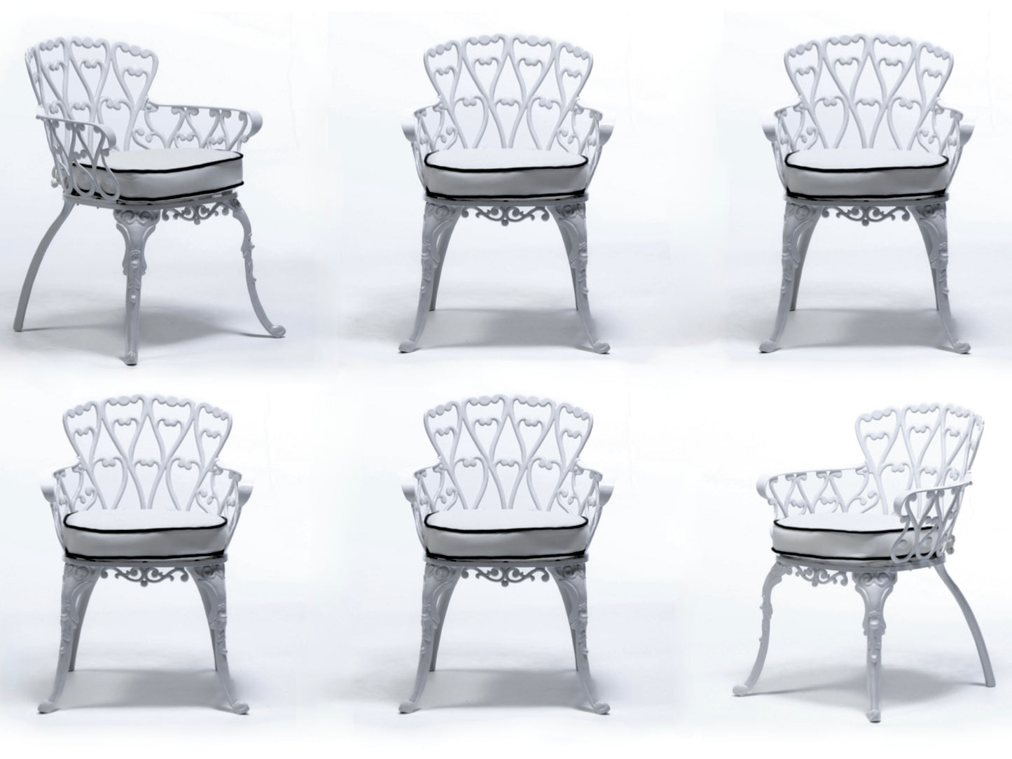 Set of 6 Hollywood Regency Neo Baroque White Patio Dining Arm Chairs c. 1960