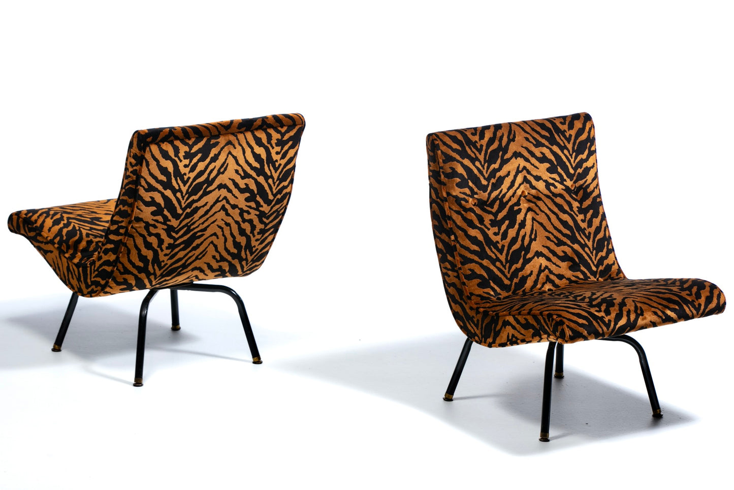 Swiveling Mid Century Modern Scoop Chairs Newly Upholstered in Tiger Velvet