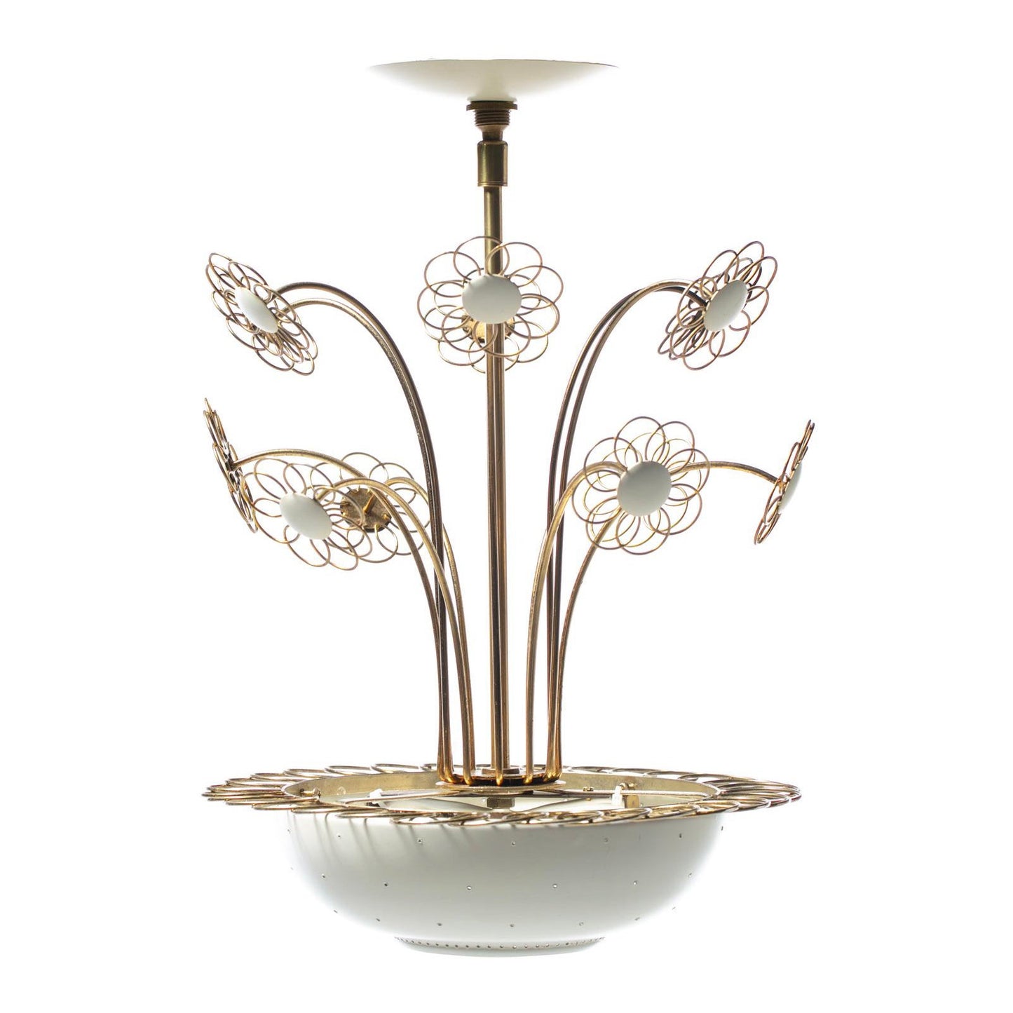 1950s Paavo Tynell Style Blooming Brass & White Daisies Chandelier by Lightolier