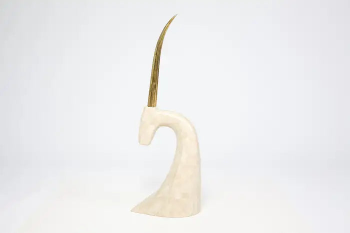 Karl Springer Style Tessellated Travertine and Brass Gazelle Sculpture