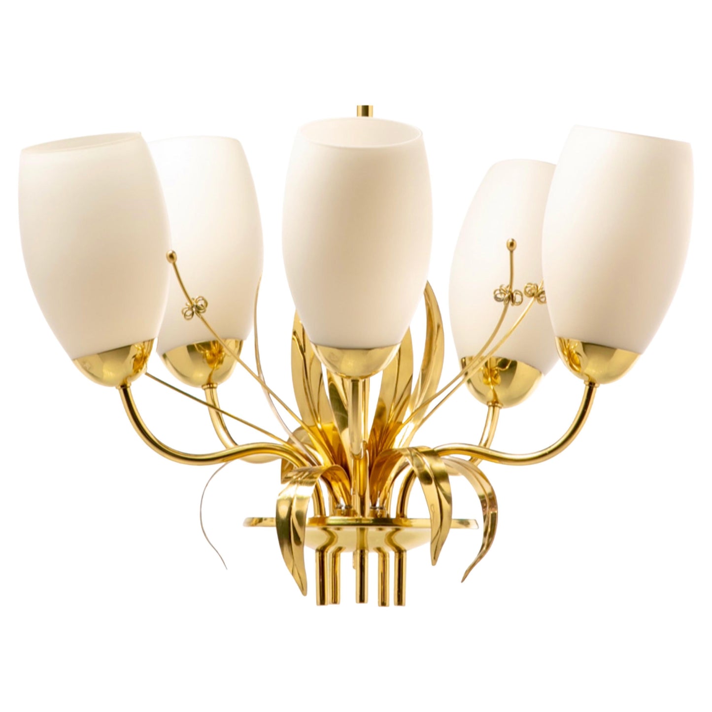 Paavo Tynell Floral Themed Brass & Blown Glass Chandelier for Glashütte Limburg