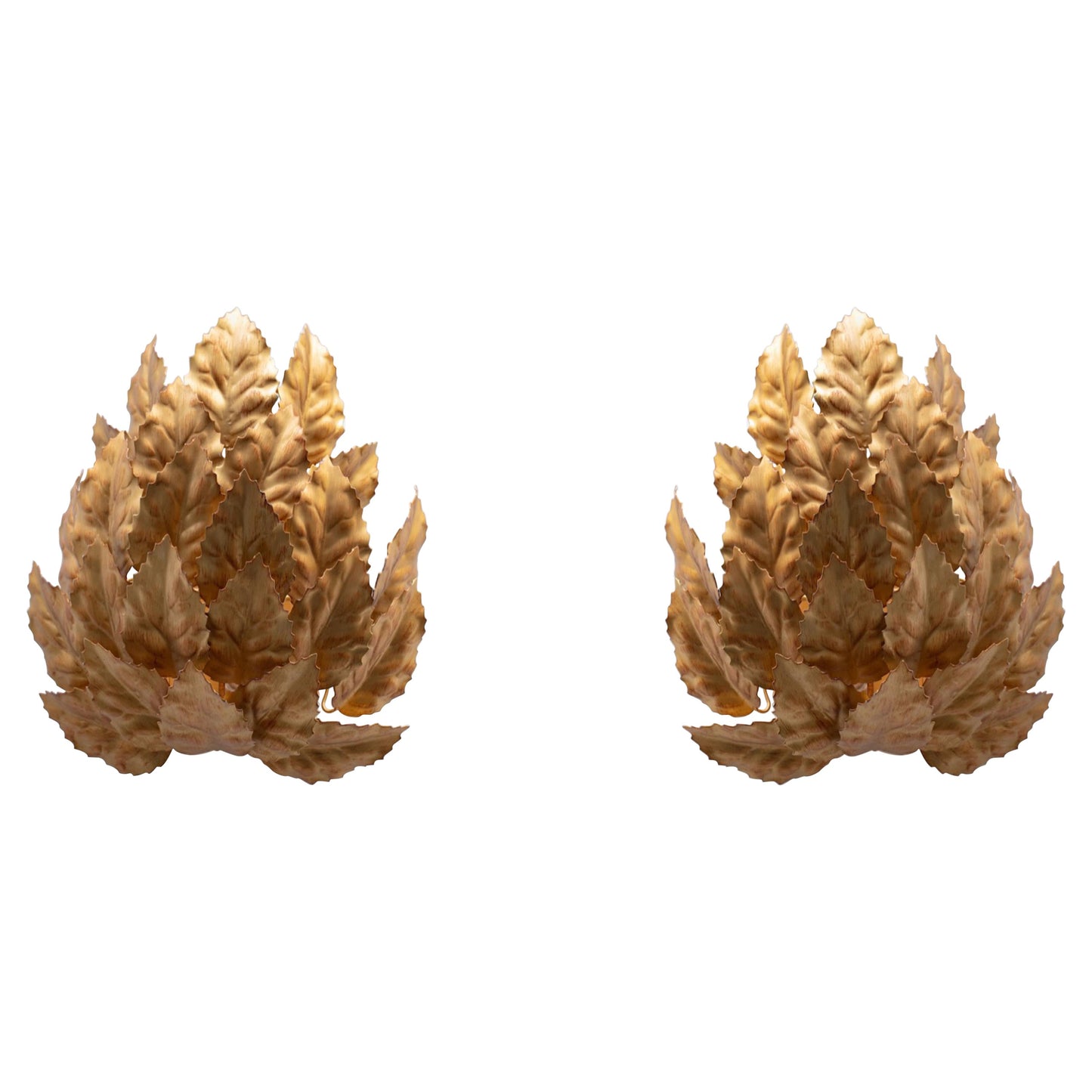 Pair of Hollywood Regency Gilt Holy Leaf Bouquet Themed Sconces, c. 1965