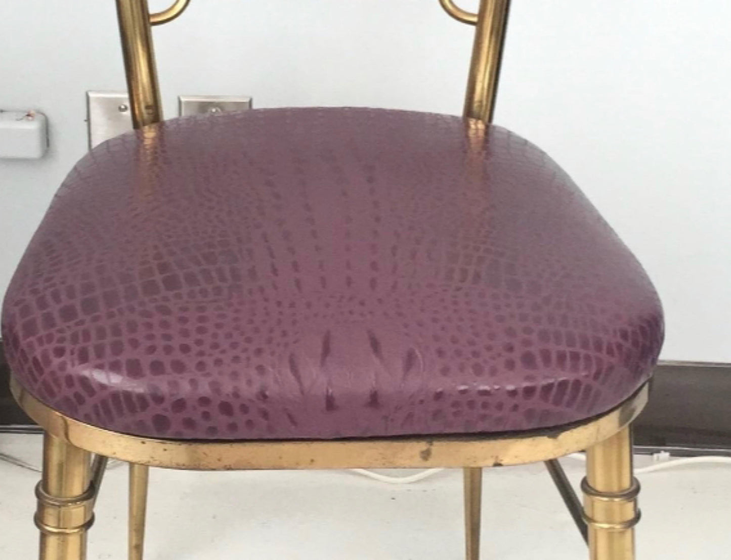 Pair of Italian Brass Chiavari Side Chairs with Aubergine Crocodile Leather