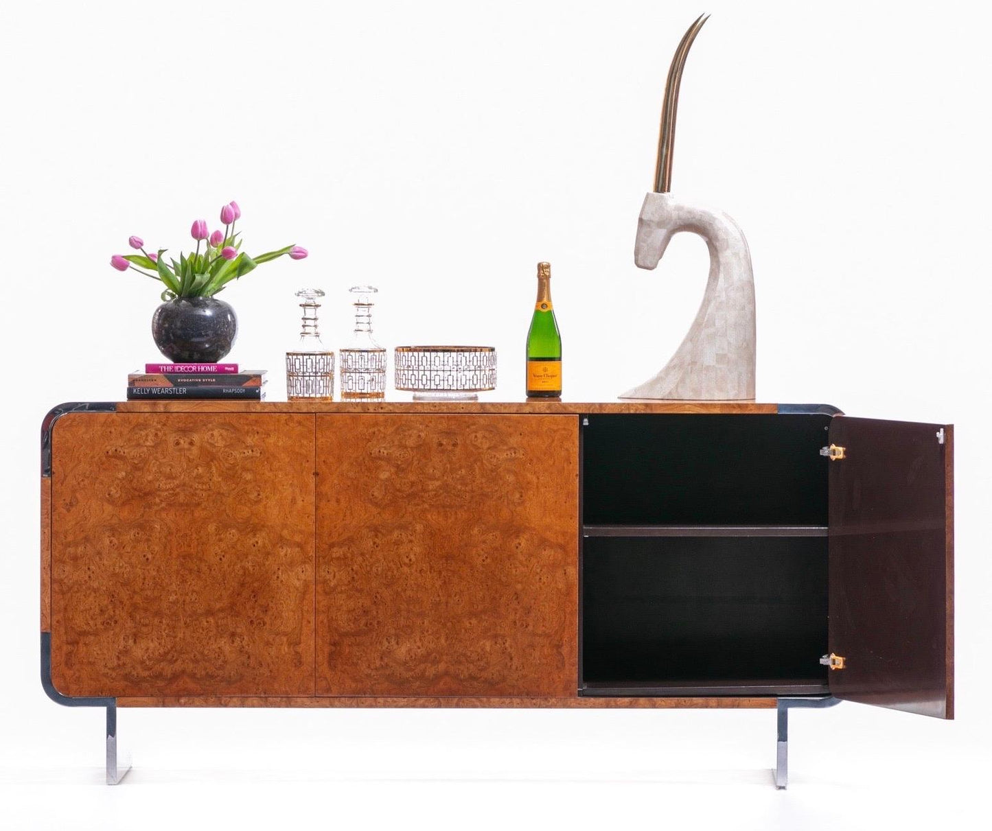 Pace Burl Wood and Chrome Credenza by Leon Rosen, circa 1974