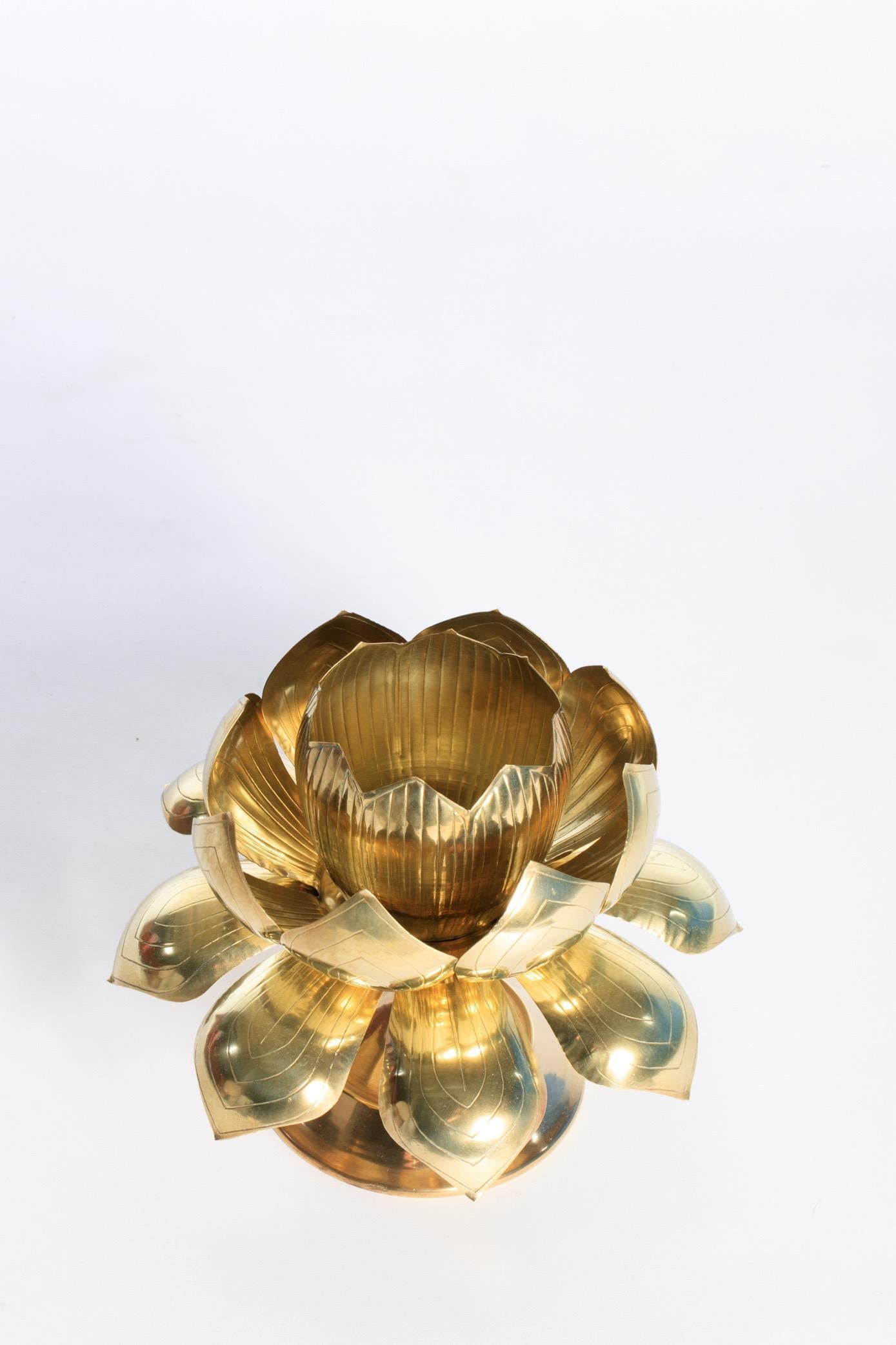 Parzinger Style Large Brass Centerpiece Lotus Candle Holders by Feldman Lighting