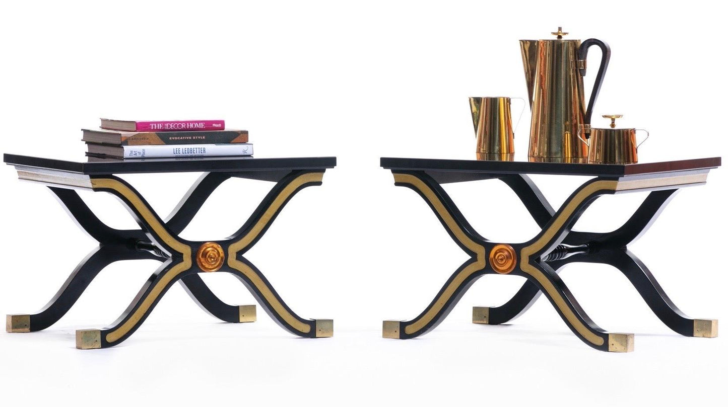 Pair of Dorothy Draper España Side Tables in Original Black and Gold Lacquer