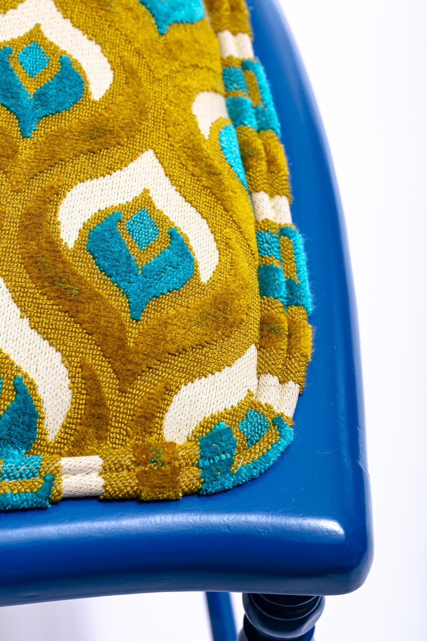 Blue Lacquered Chiavari Side Chair with Peacock Feathers in Cut Velvet