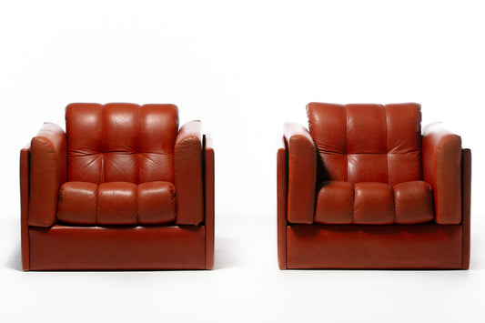 1970s Architectural Mid Century Modern Club Chairs in Cognac Leather