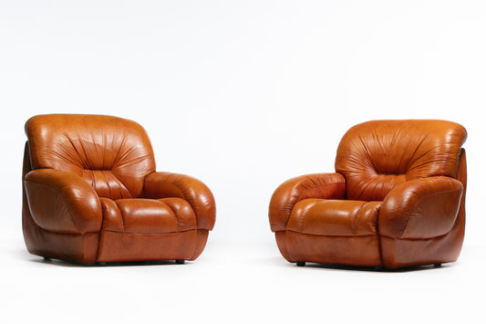 1970s Italian Mid Century Modern Plush Carmel Leather Club Chairs