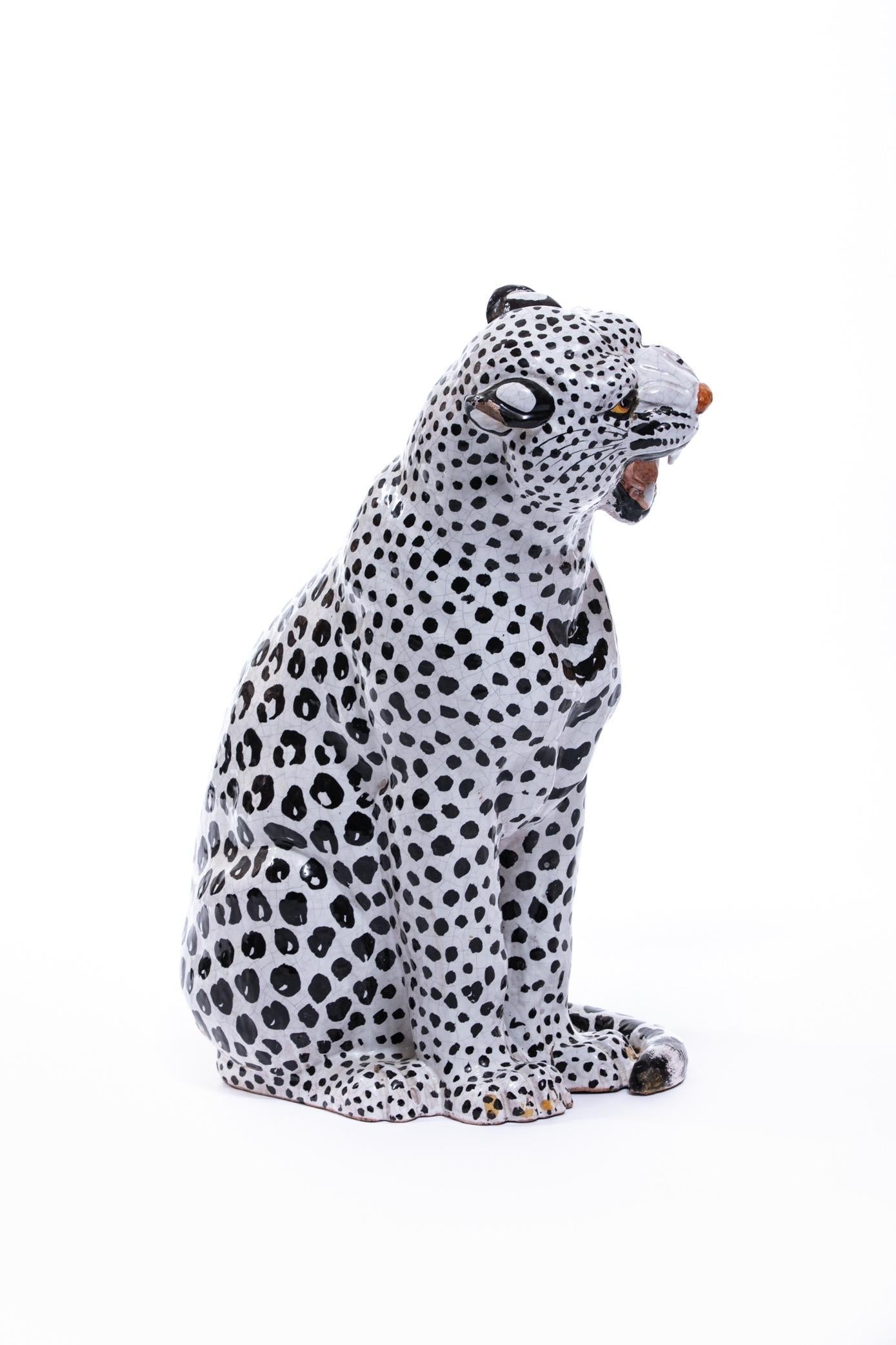 Italian Hollywood Regency Hand Painted Ceramic White Snow Leopard, circa 1960