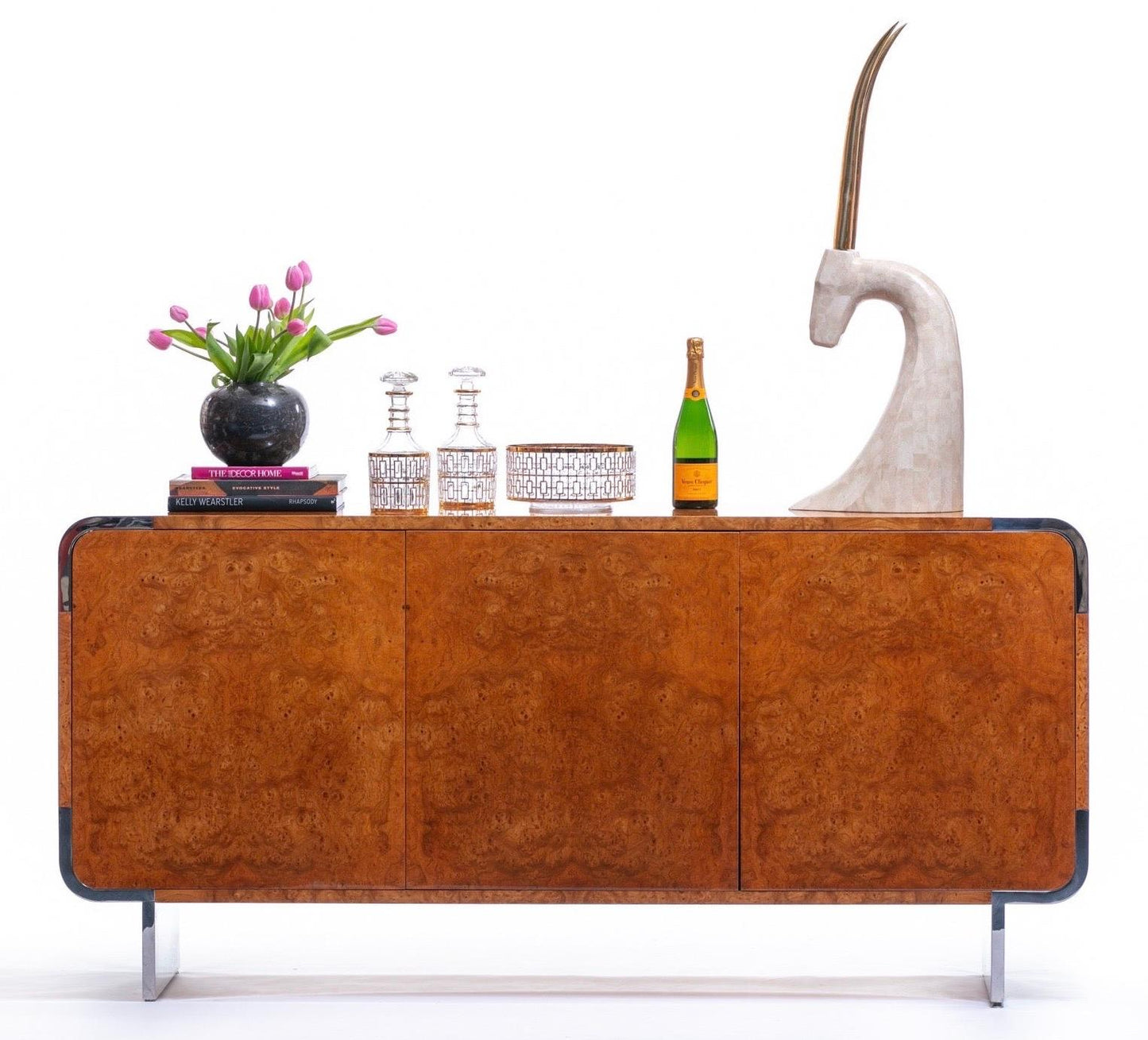 Pace Burl Wood and Chrome Credenza by Leon Rosen, circa 1974