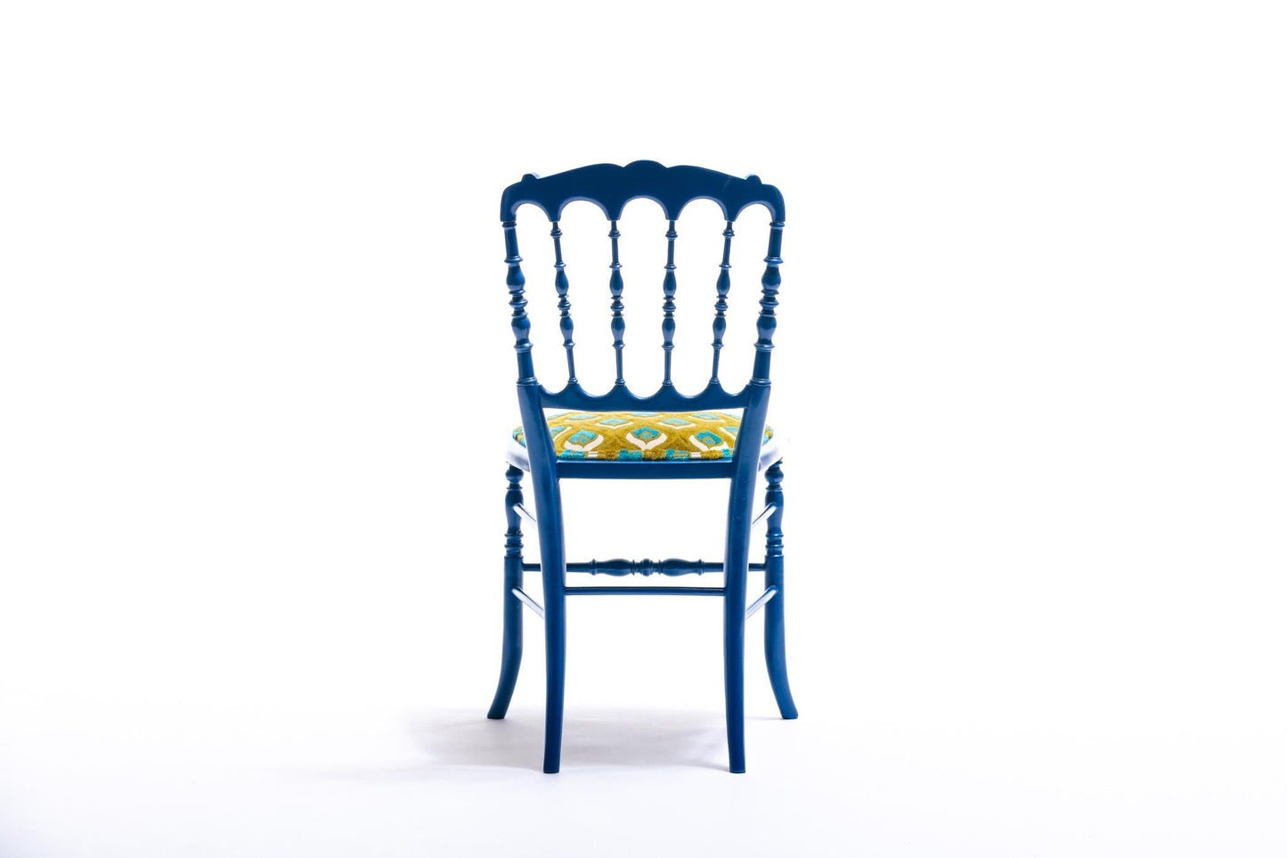 Blue Lacquered Chiavari Side Chair with Peacock Feathers in Cut Velvet