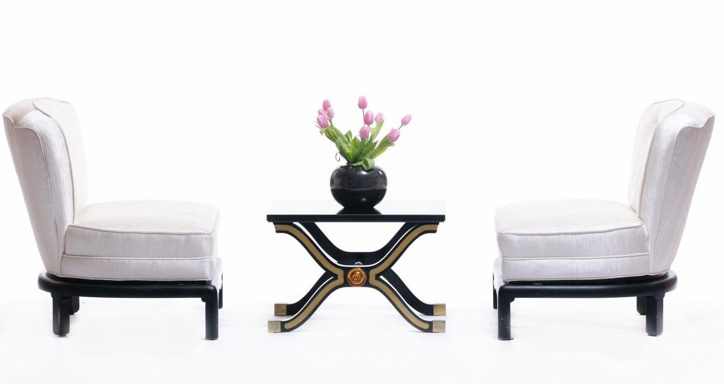 Pair of Dorothy Draper España Side Tables in Original Black and Gold Lacquer