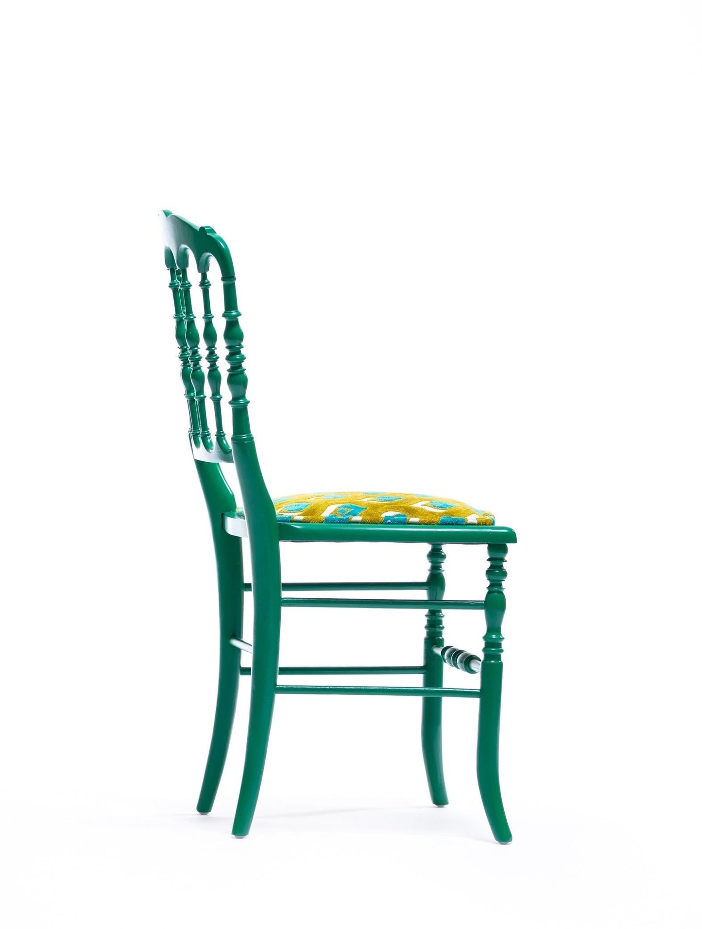 Green Lacquered Chiavari Side Chair with Peacock Feathers in Cut Velvet