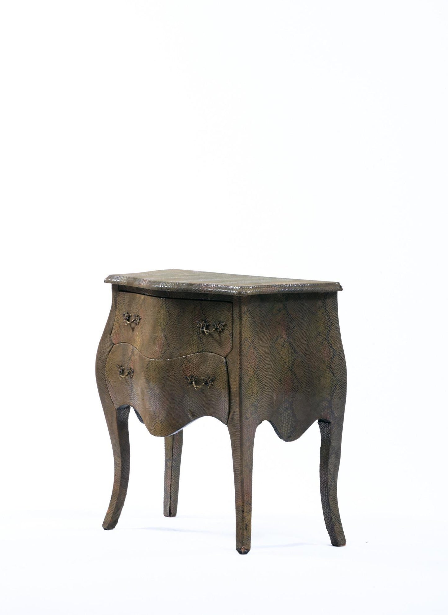 Louis XV Style Bombé Commode Wrapped in Olive Green Faux Snakeskin