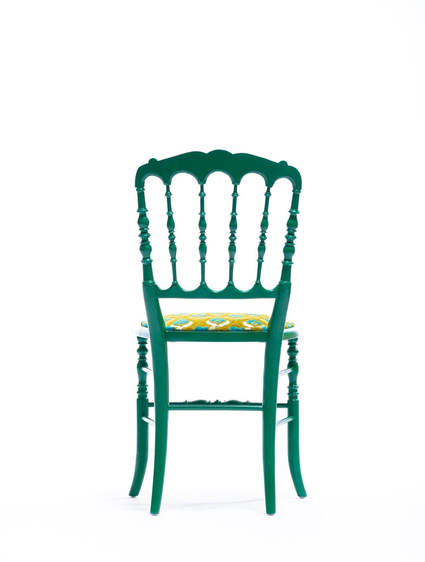 Green Lacquered Chiavari Side Chair with Peacock Feathers in Cut Velvet