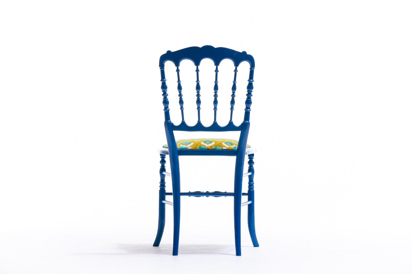 Blue Lacquered Chiavari Side Chair with Peacock Feathers in Cut Velvet