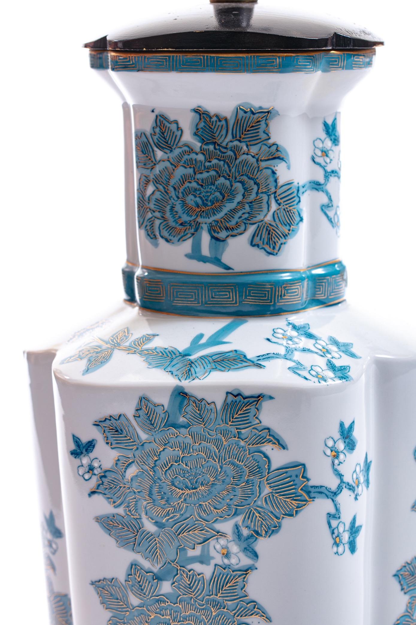 Pair of Blue Chinoiserie Hand Painted Table Lamps in the Style of Billy Haines