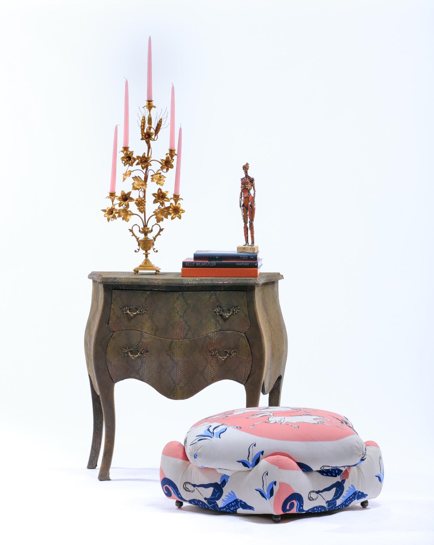 Louis XV Style Bombé Commode Wrapped in Olive Green Faux Snakeskin
