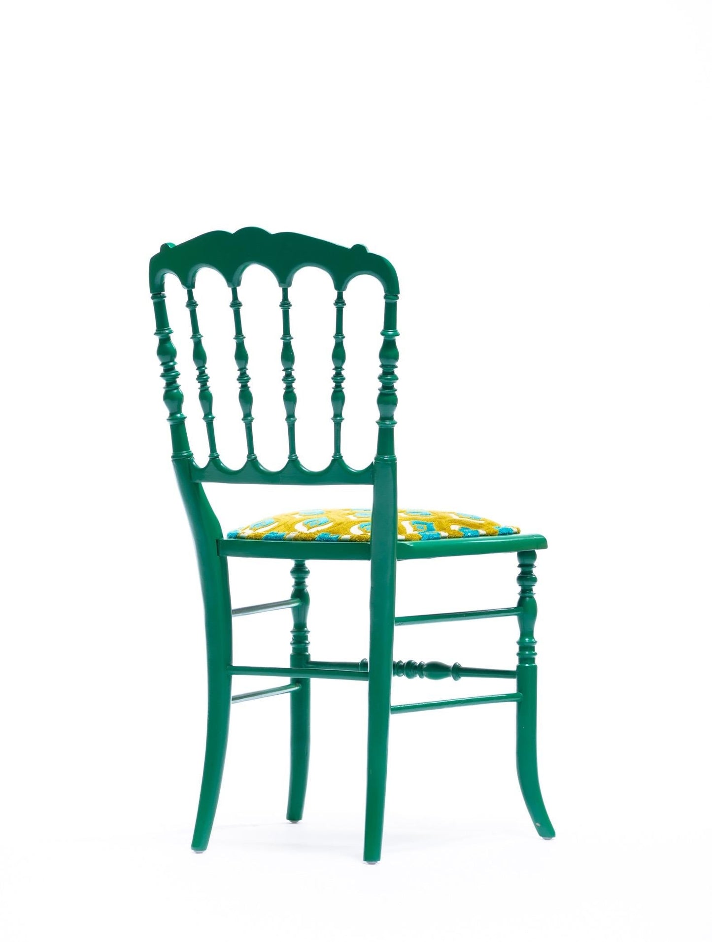 Green Lacquered Chiavari Side Chair with Peacock Feathers in Cut Velvet