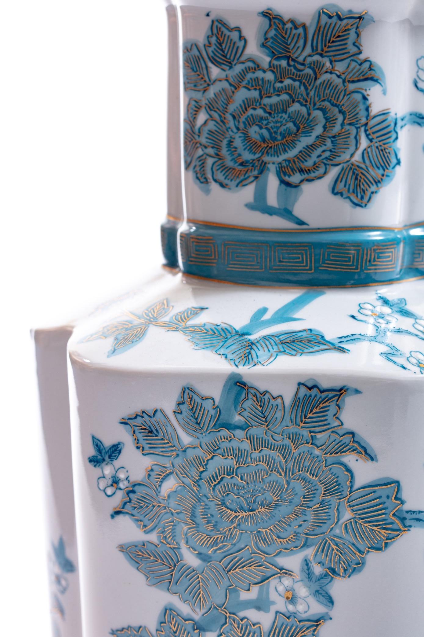 Pair of Blue Chinoiserie Hand Painted Table Lamps in the Style of Billy Haines