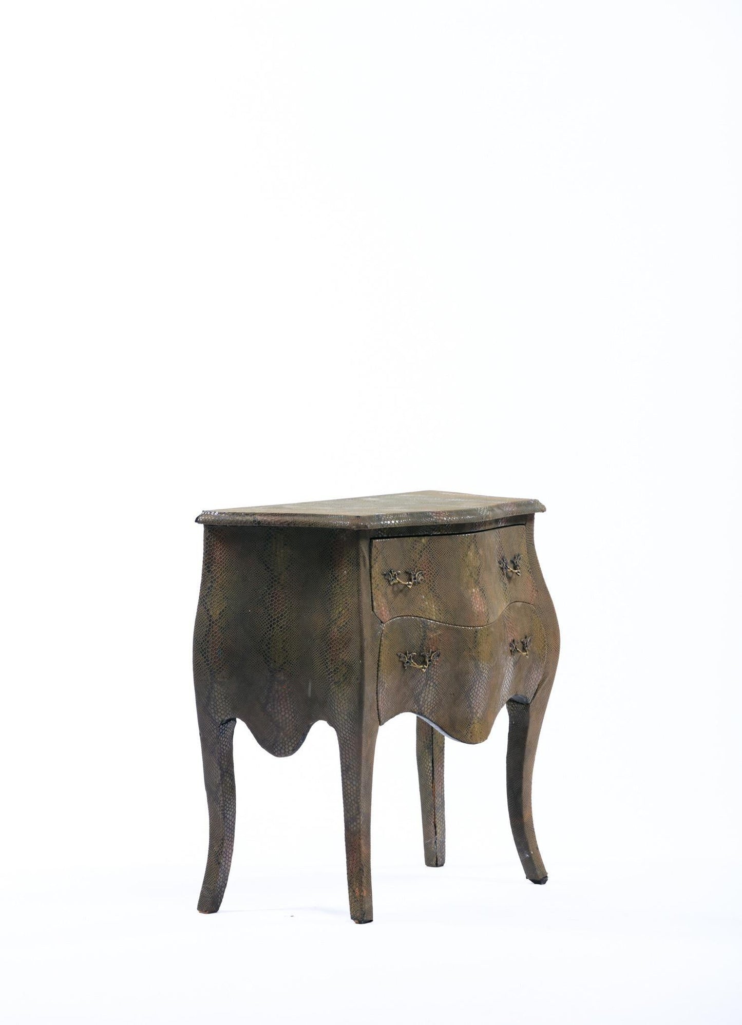 Louis XV Style Bombé Commode Wrapped in Olive Green Faux Snakeskin