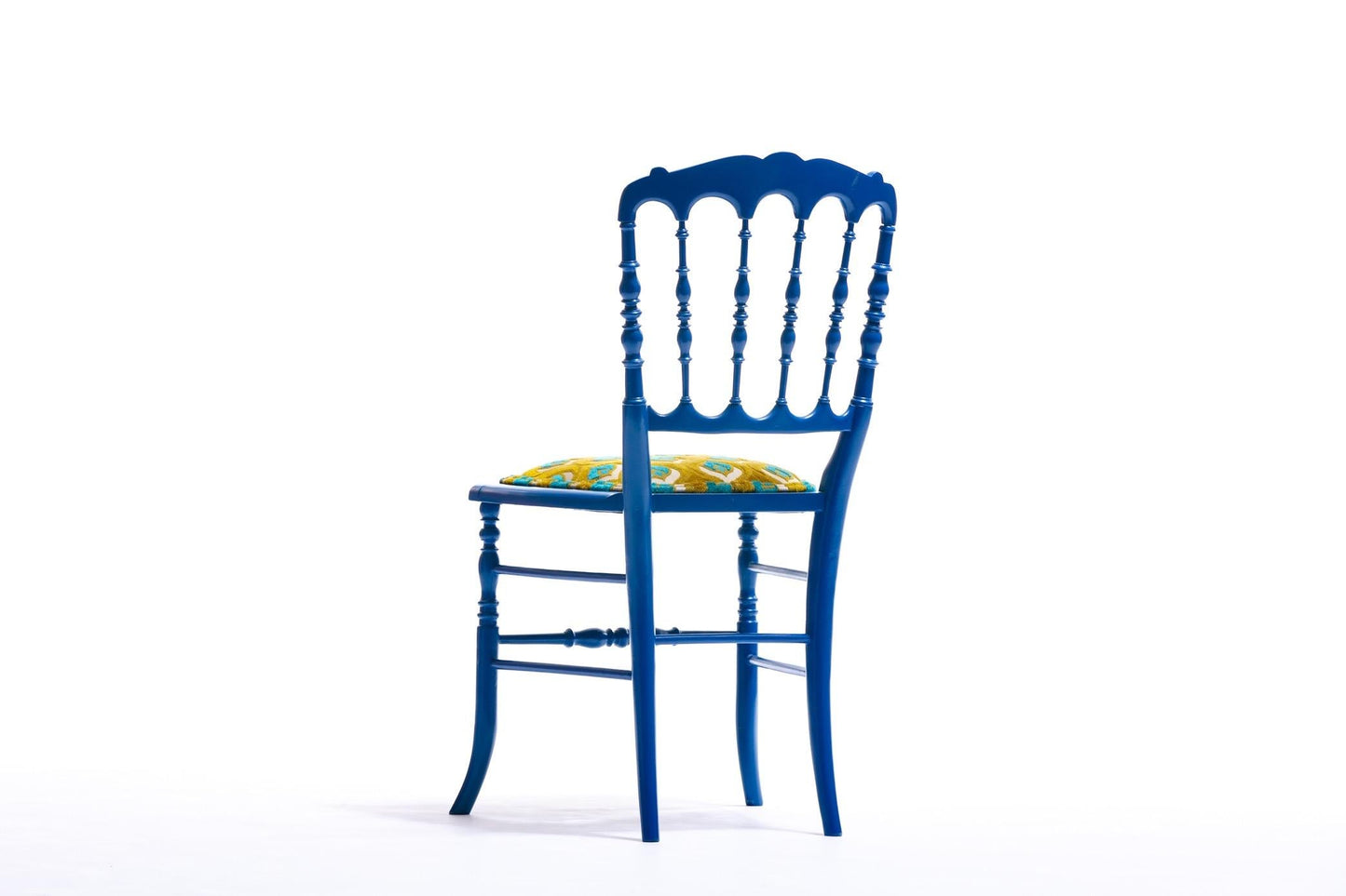 Blue Lacquered Chiavari Side Chair with Peacock Feathers in Cut Velvet