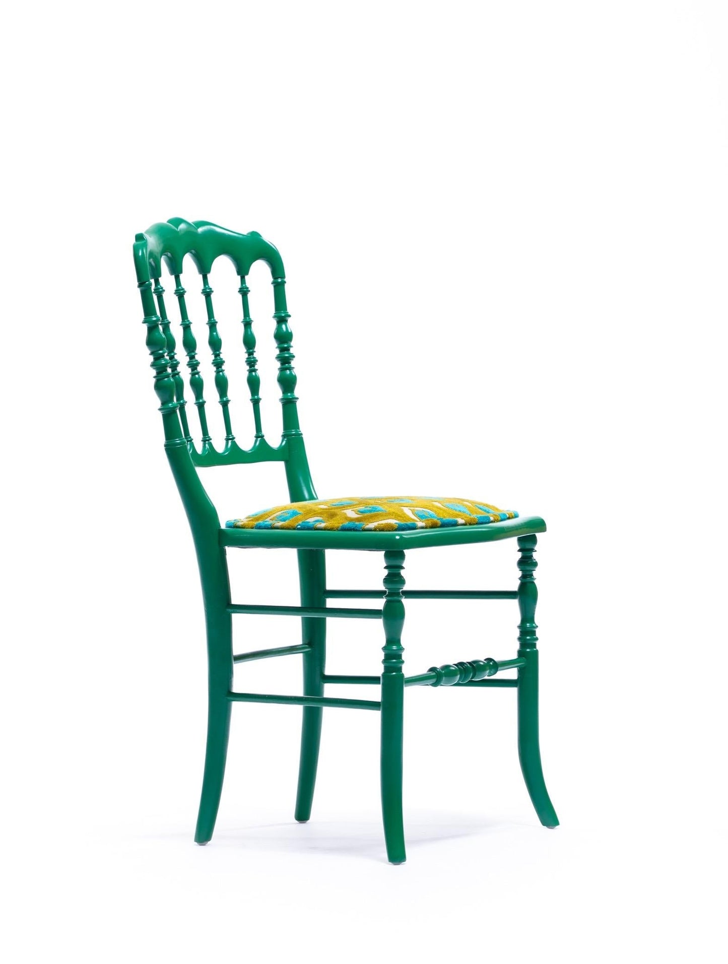 Green Lacquered Chiavari Side Chair with Peacock Feathers in Cut Velvet