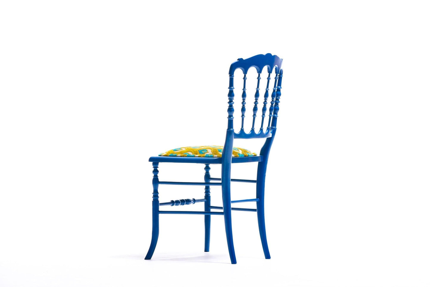 Blue Lacquered Chiavari Side Chair with Peacock Feathers in Cut Velvet