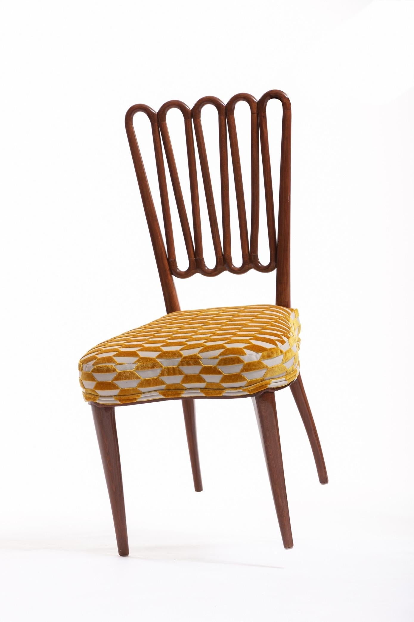 Italian Midcentury Side Chair after Gio Ponti with Gold and Ivory Cut Velvet