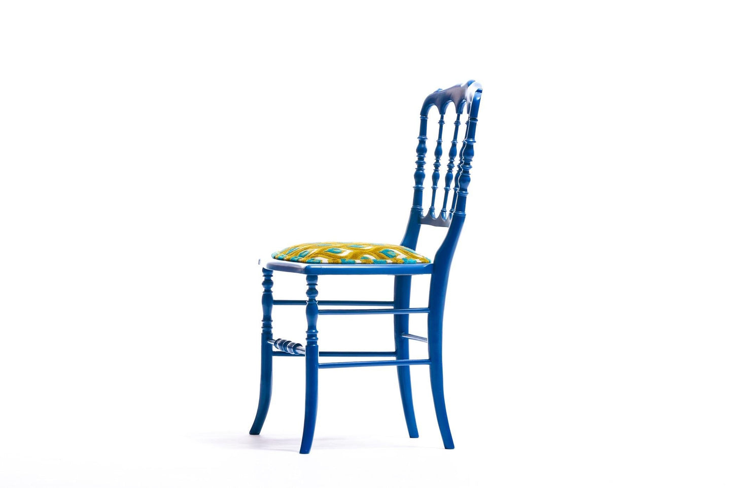 Blue Lacquered Chiavari Side Chair with Peacock Feathers in Cut Velvet