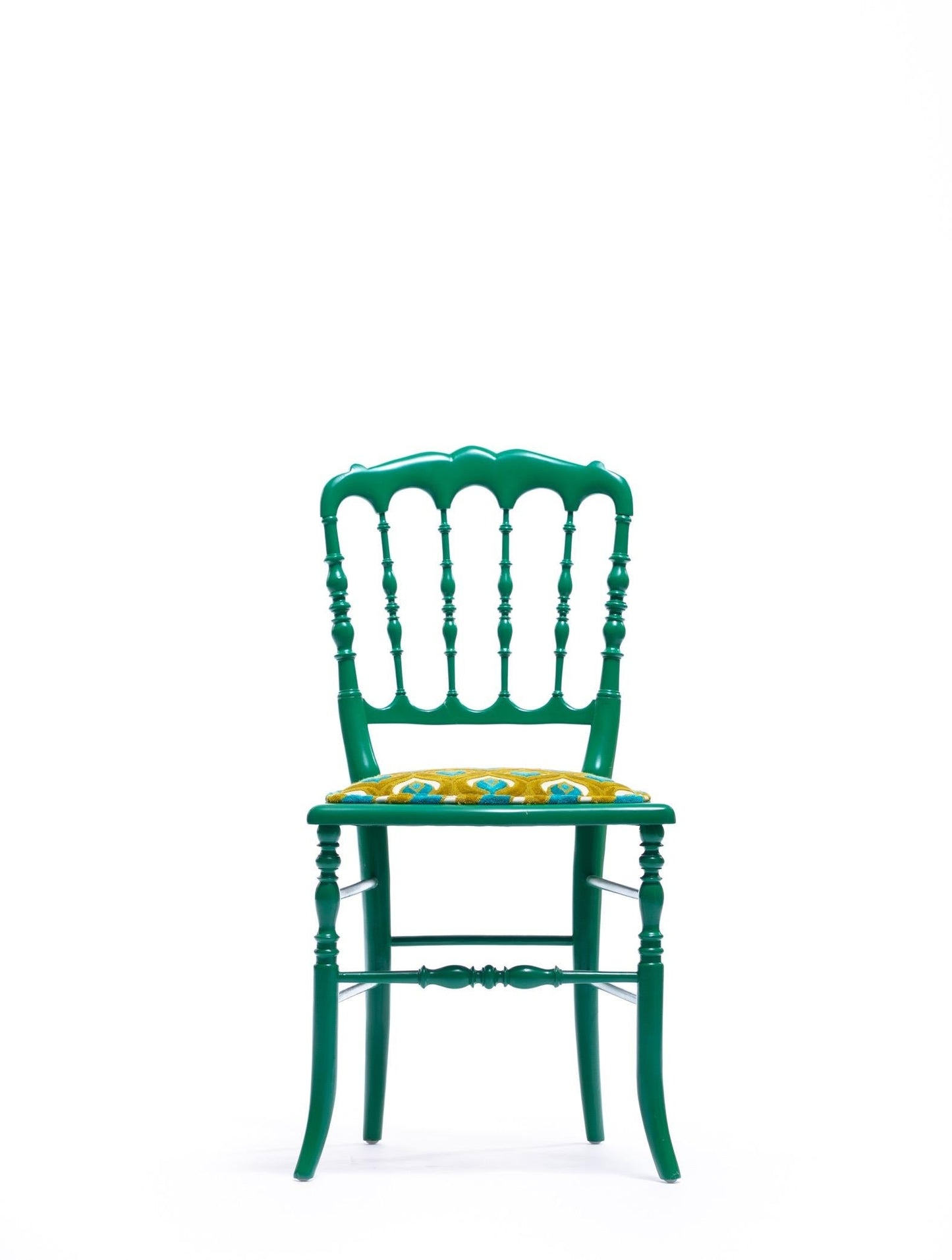 Green Lacquered Chiavari Side Chair with Peacock Feathers in Cut Velvet