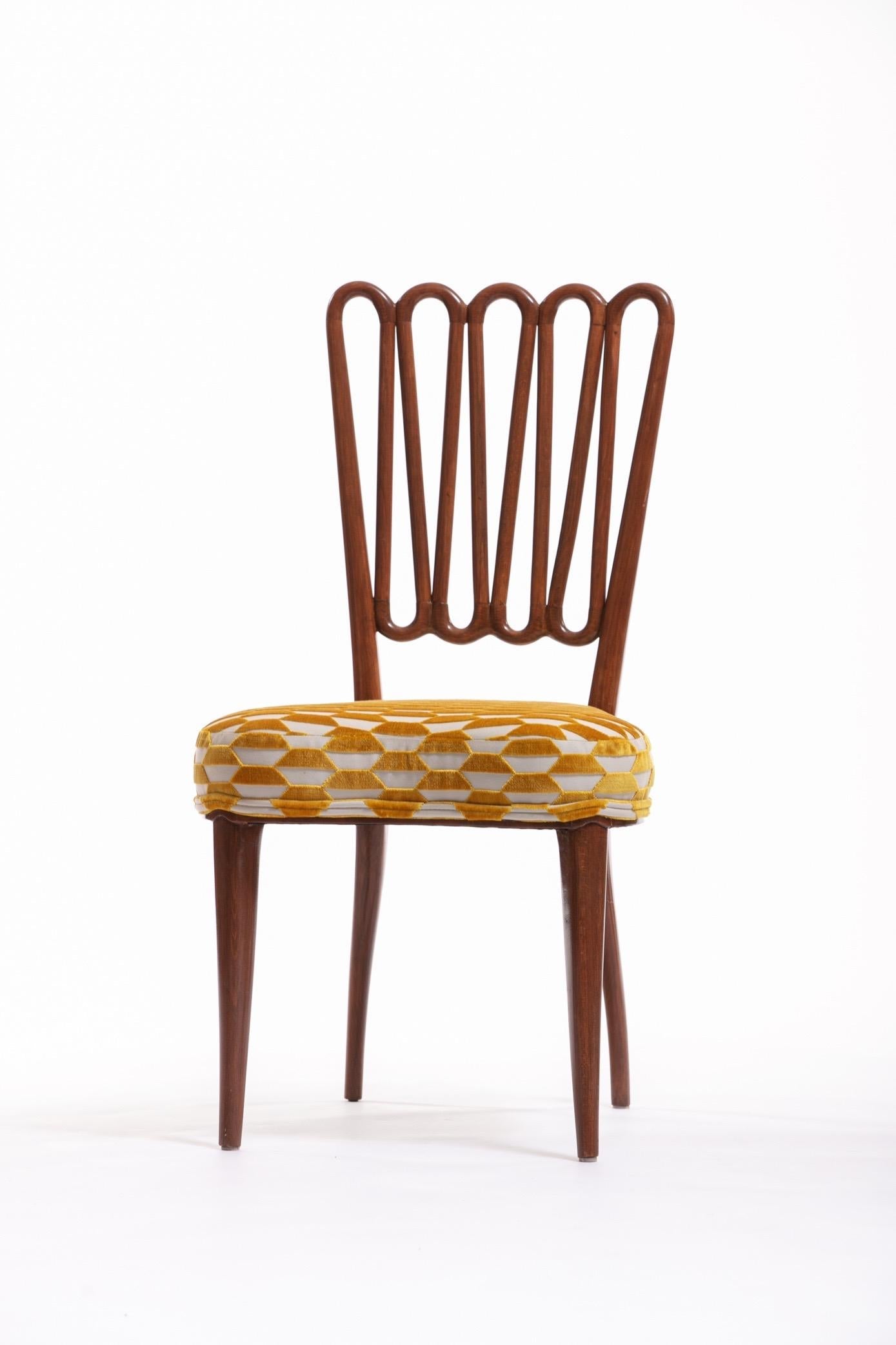 Italian Midcentury Side Chair after Gio Ponti with Gold and Ivory Cut Velvet