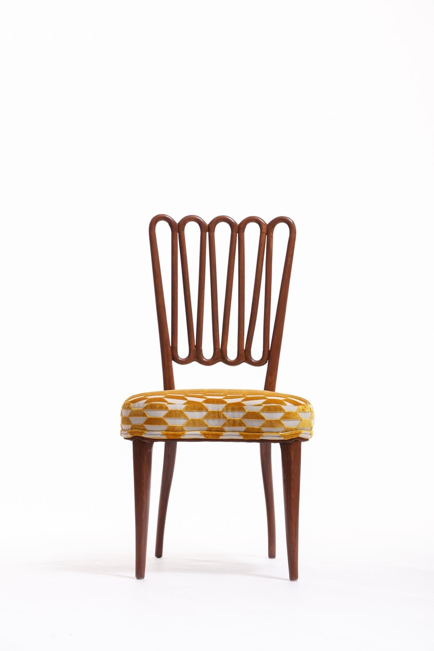 Italian Midcentury Side Chair after Gio Ponti with Gold and Ivory Cut Velvet