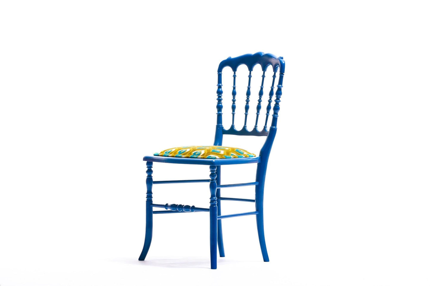 Blue Lacquered Chiavari Side Chair with Peacock Feathers in Cut Velvet