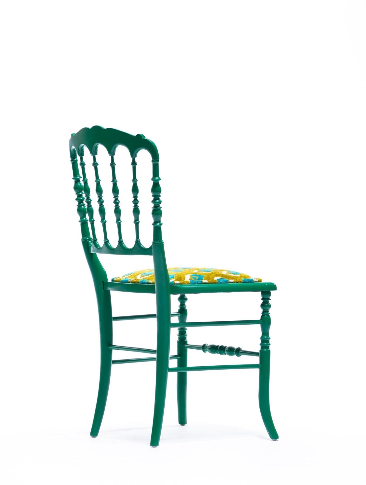 Green Lacquered Chiavari Side Chair with Peacock Feathers in Cut Velvet