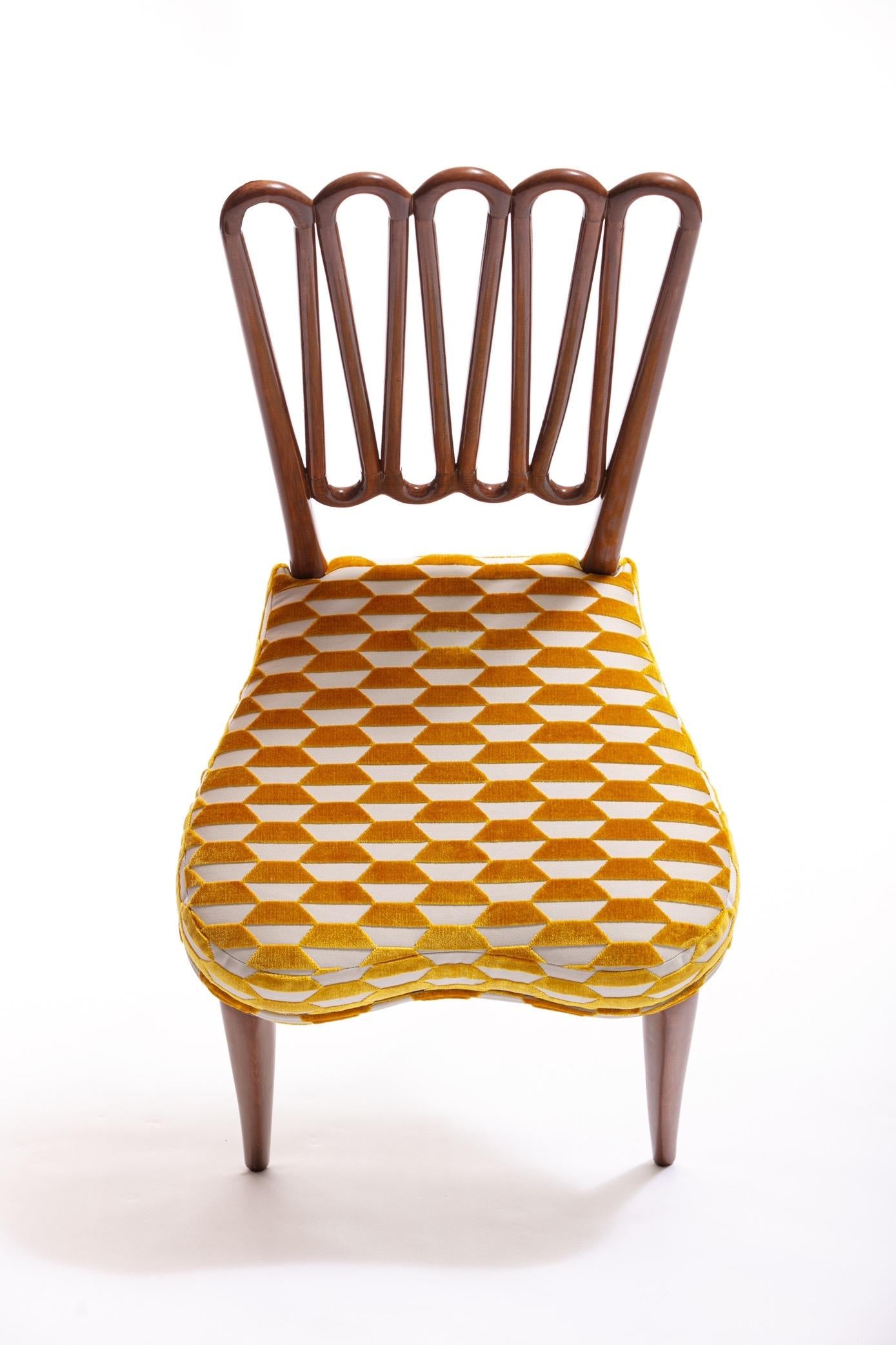 Italian Midcentury Side Chair after Gio Ponti with Gold and Ivory Cut Velvet