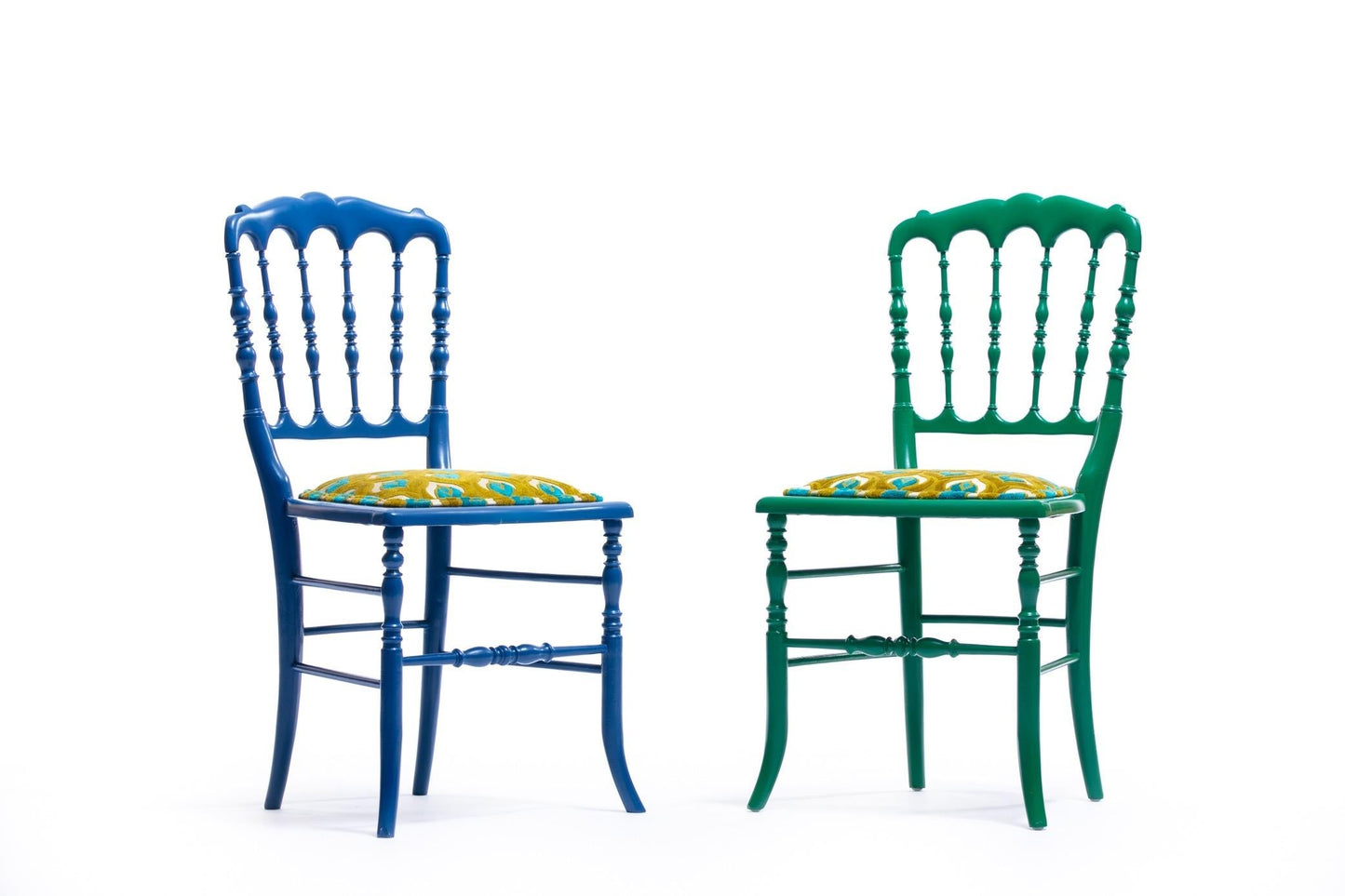 Green Lacquered Chiavari Side Chair with Peacock Feathers in Cut Velvet